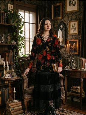 Vintage AXNY Womens M Black Gold Velvet Floral Shirt Top Holiday Goth Whimsigoth